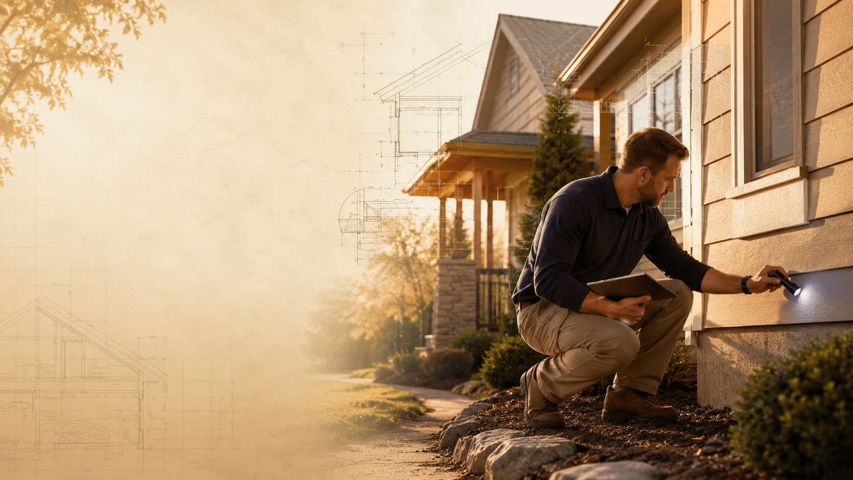 Licensed home inspector examining the exterior of a house